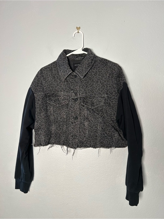 All Saints Jackets & Blazers - All Saints Gray Black Leopard Print Ander Cropped Denim Jacket with Knit Sleeves